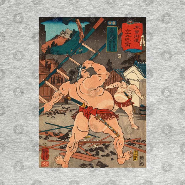 Sumo Wrestlers Mid Fight - Antique Japanese Ukiyo-e Woodblock Print Art by Click Here For More